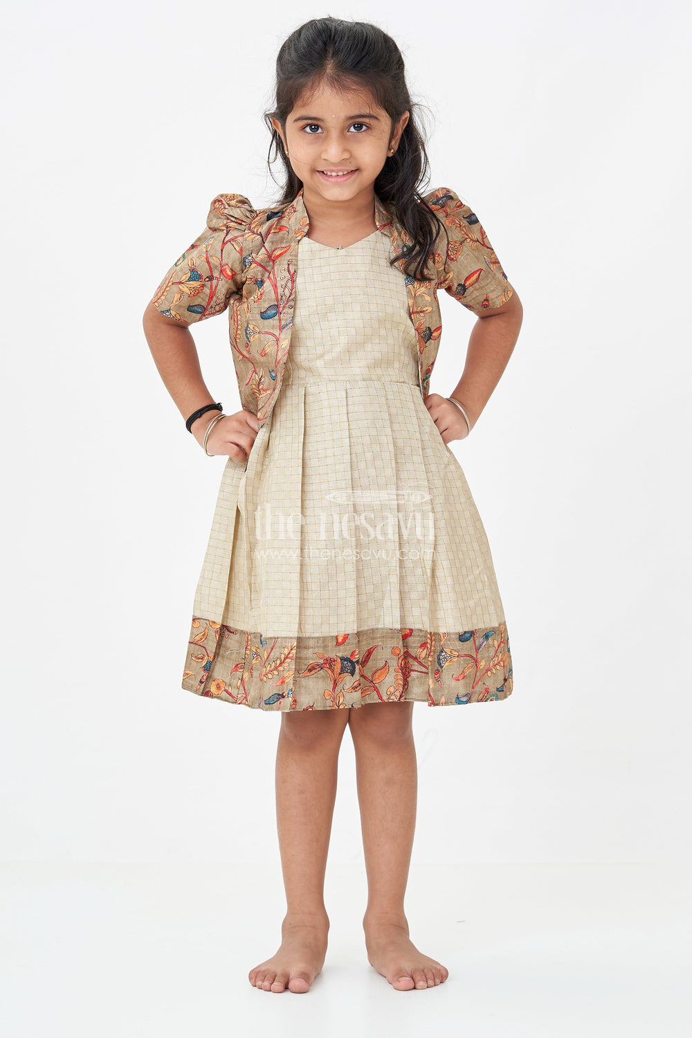 The Nesavu Silk Frock Girls Silk Cotton Frock with Frills and Printed Chanderi Overcoat in Earthy Beige and Multicolor Accents Nesavu Nesavu Girls Frock Frills Silk Cotton Chanderi Overcoat Featuring Floral Printed Borders