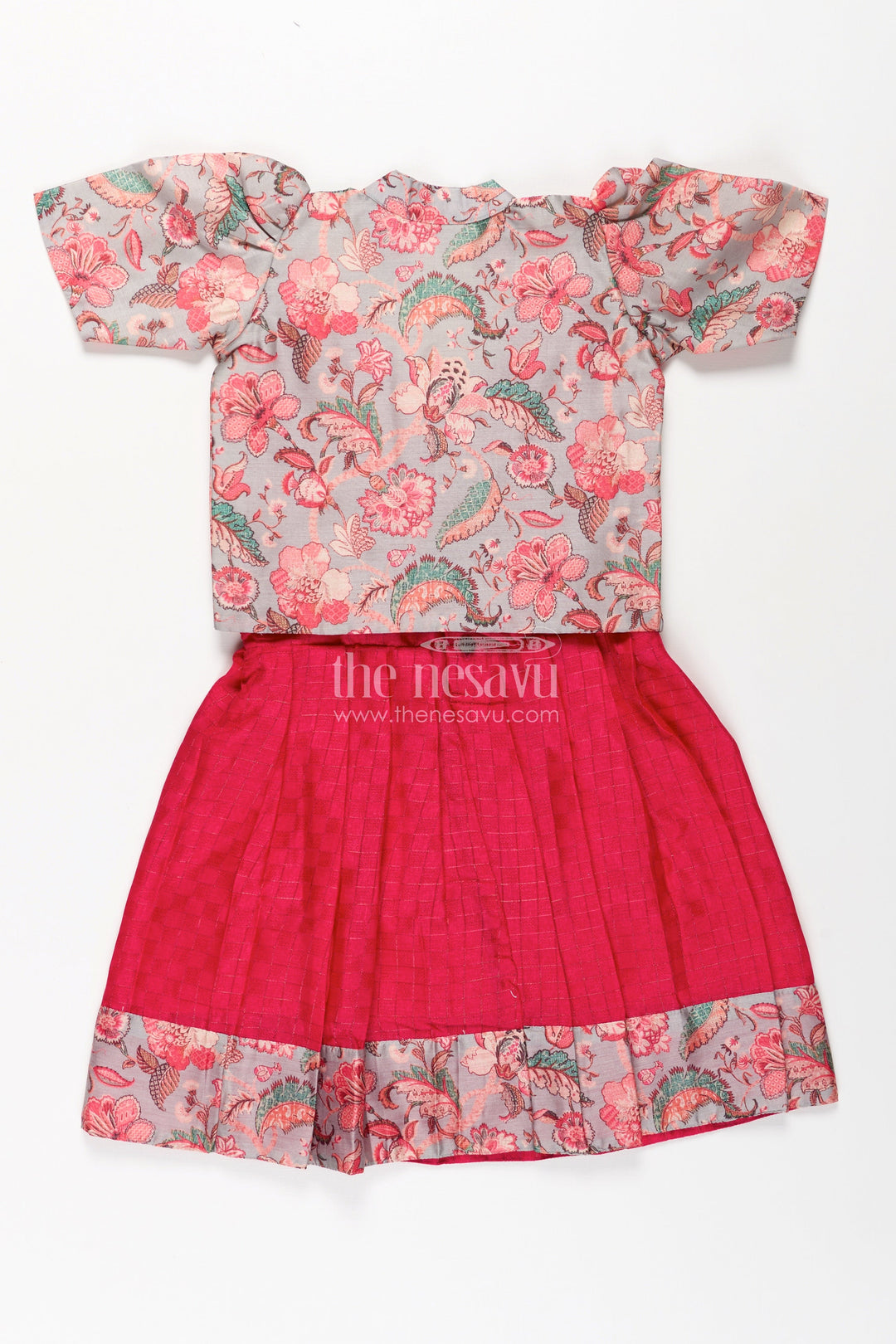 The Nesavu Silk Frock Girls Silk Cotton Red Floral Frock with Printed Chanderi Jacket and Elegant Pleated Skirt Nesavu Nesavu Red Floral Frock Girls Silk Cotton Printed Chanderi Overcoat Pleated Skirt