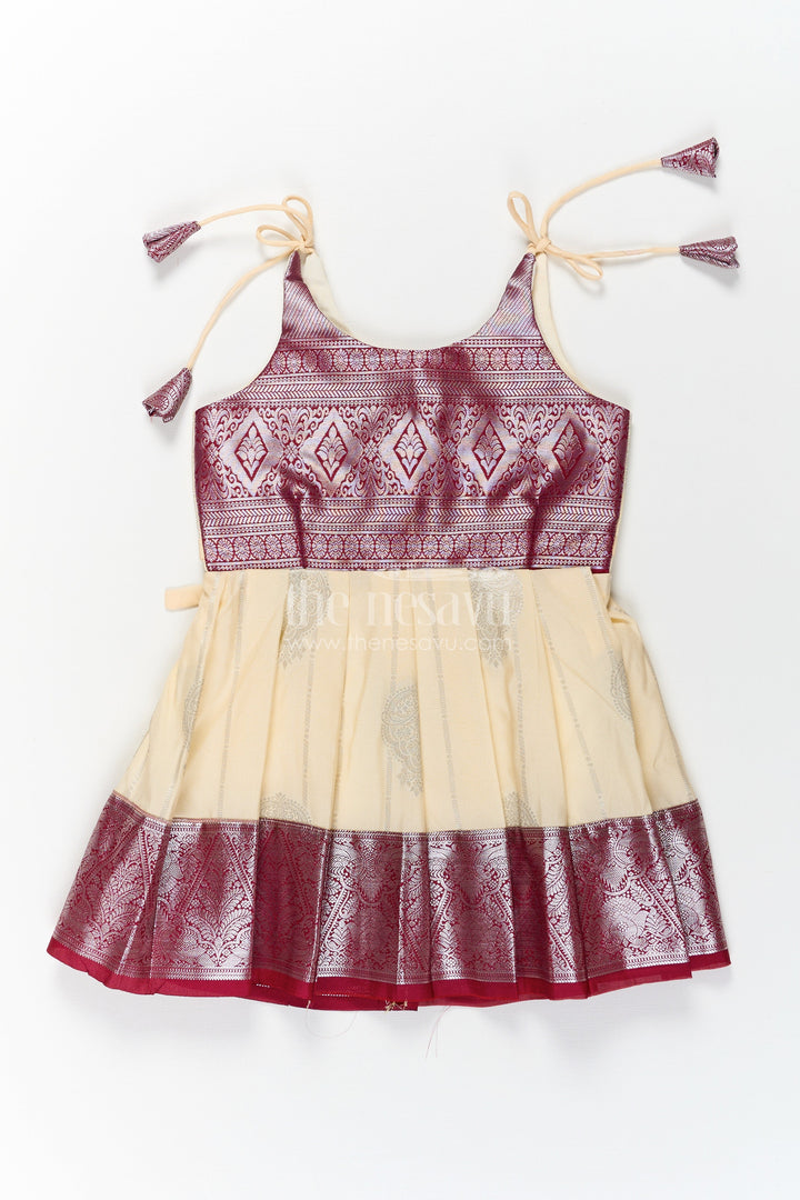 The Nesavu Tie-up Frock Girls Silk Dress Maroon in Semi Kanchivaram with Tie-Up Sleeves and Elegant Golden Pleated Zari Border Skirt Nesavu 16 (1Y) / Maroon / Style 2 SF859AB-16 Nesavu Girls Silk Dress Maroon Tie-Up Frock in Semi Kanchivaram with Golden Mid Panel and Zari Pleats
