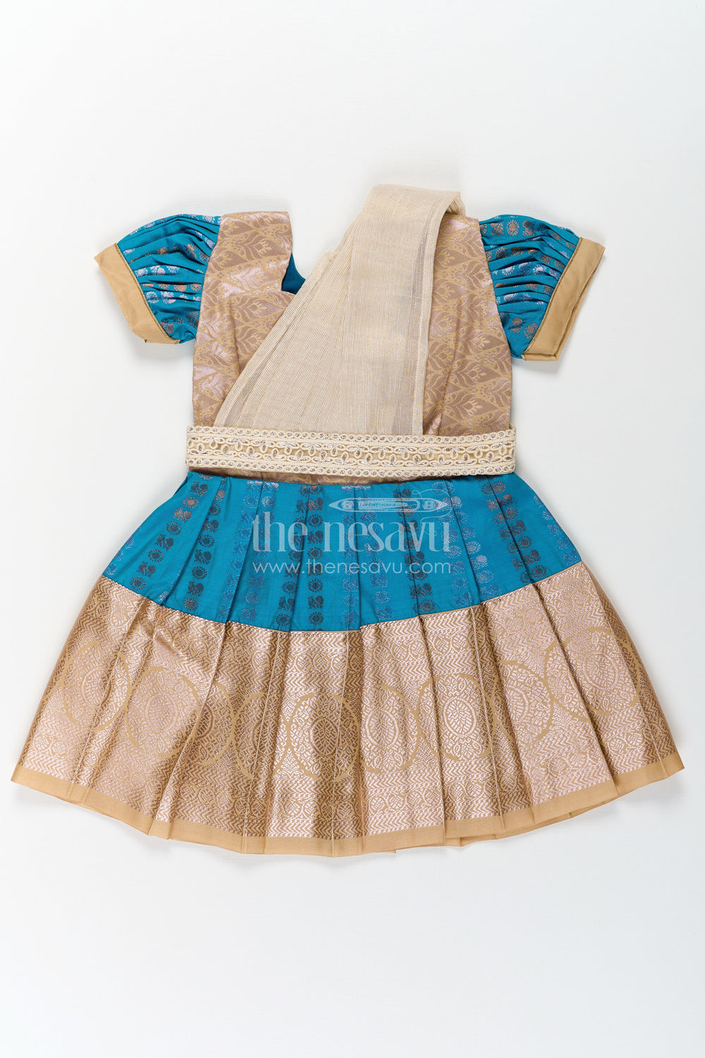 The Nesavu Girls Kanchi Silk Frock Girls Silk Dress Royal Blue with Semi Kanchivaram Weave Thread Embroidery and Lace Detailed Dupatta Nesavu 16 (1Y) / Blue / Style 1 SF843AA-16 Nesavu Royal Blue Girls Silk Dress in Semi Kanchivaram with Embroidered Dupatta and Golden Zari Details