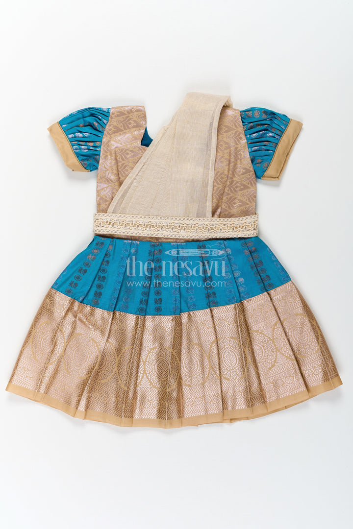 The Nesavu Girls Kanchi Silk Frock Girls Silk Dress Royal Blue with Semi Kanchivaram Weave Thread Embroidery and Lace Detailed Dupatta Nesavu 16 (1Y) / Blue / Style 1 SF843AA-16 Nesavu Royal Blue Girls Silk Dress in Semi Kanchivaram with Embroidered Dupatta and Golden Zari Details