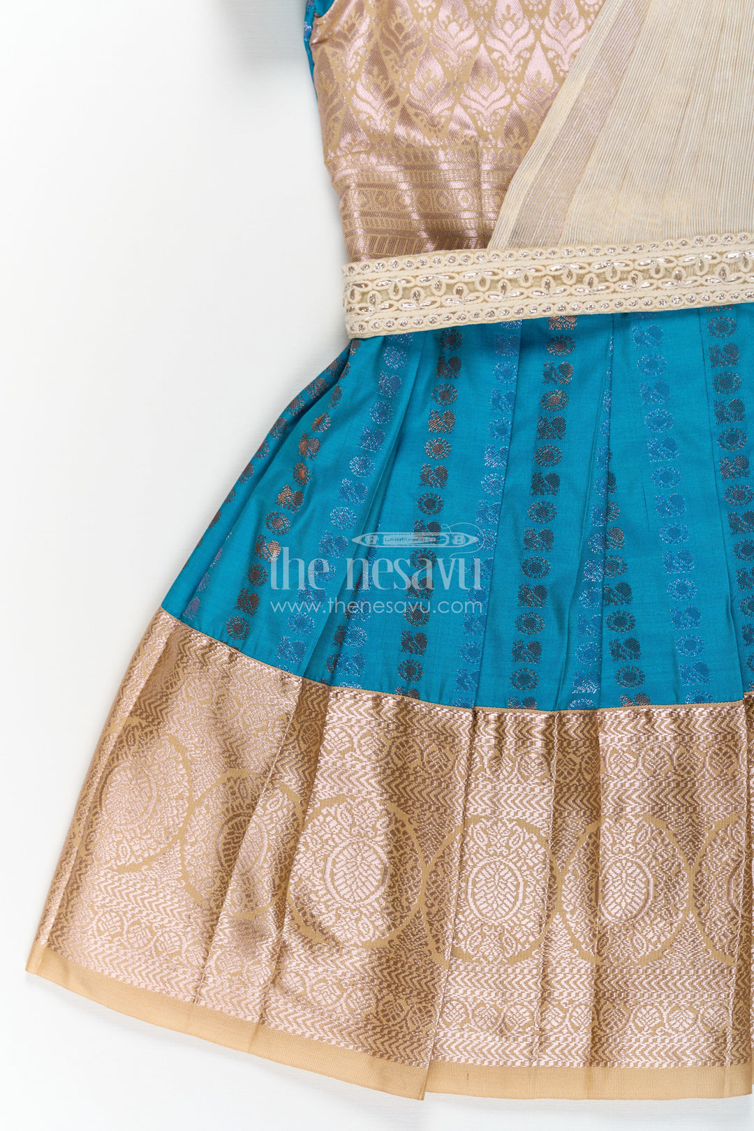 The Nesavu Girls Kanchi Silk Frock Girls Silk Dress Royal Blue with Semi Kanchivaram Weave Thread Embroidery and Lace Detailed Dupatta Nesavu Nesavu Royal Blue Girls Silk Dress in Semi Kanchivaram with Embroidered Dupatta and Golden Zari Details