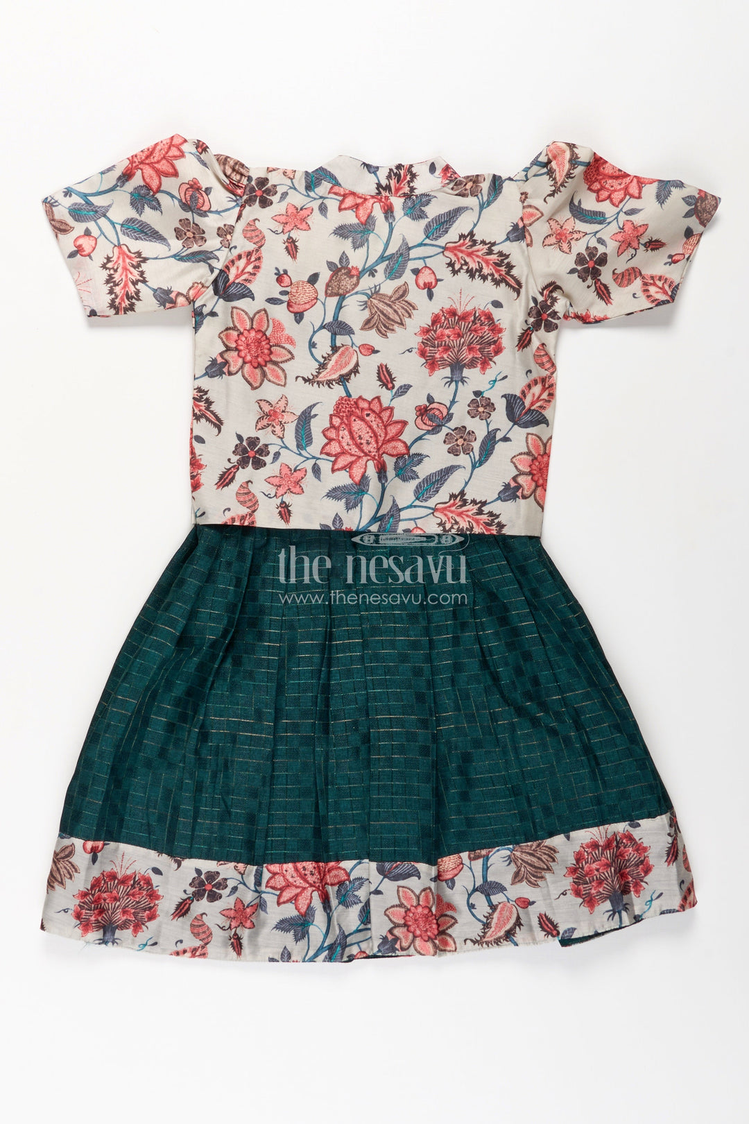 The Nesavu Silk Frock Girls Silk Frock for Baby in Deep Green with Floral Chanderi Jacket and Soft Pleated Skirt Nesavu Nesavu Silk Frock Baby Girls Deep Green Chanderi Floral Overcoat Printed Border