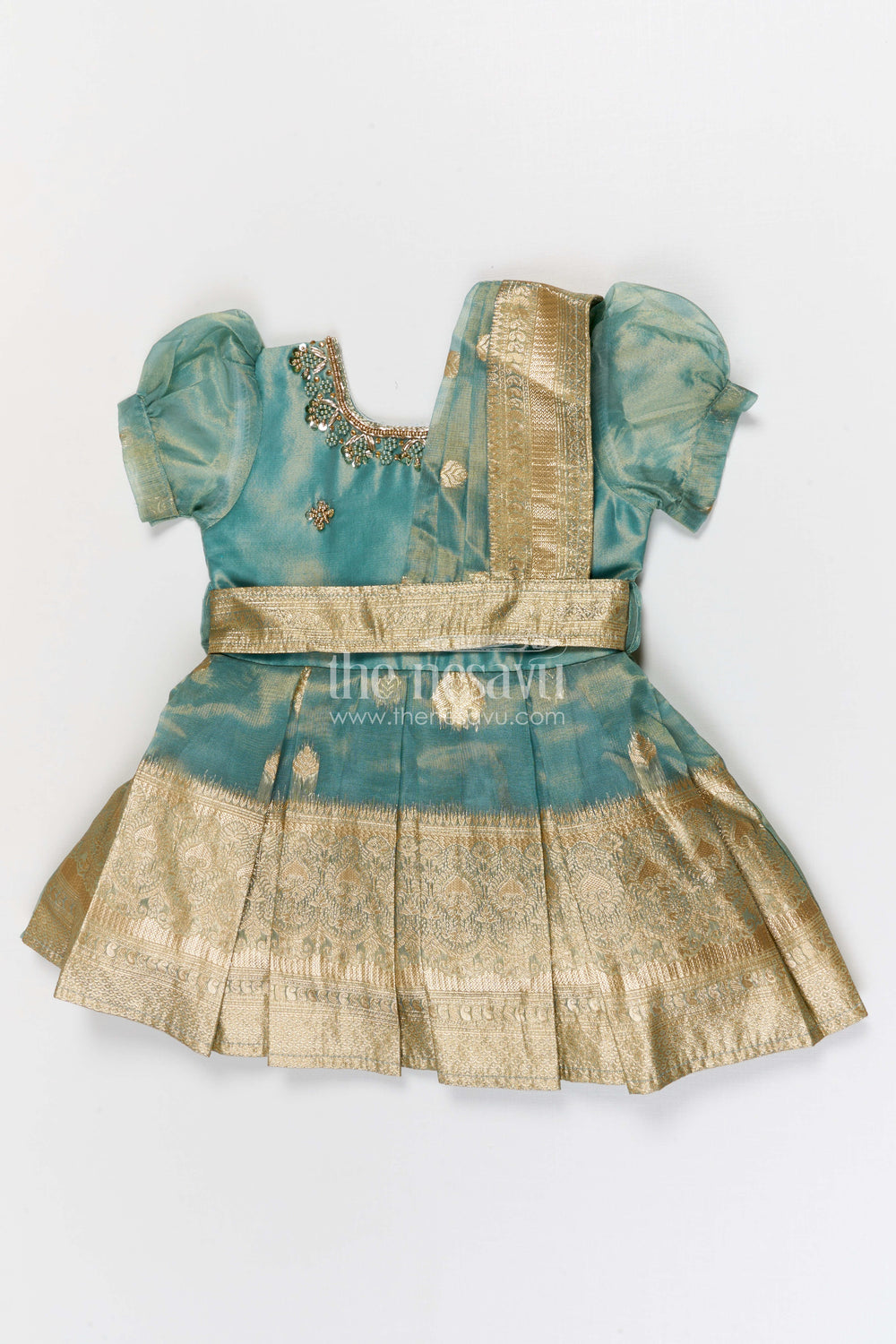 The Nesavu Silk Frock Girls Silk Frock for Festive Celebrations and Weddings Nesavu 16 (1Y) / Green / Silk Blend SF1088D-16 Nesavu girls blend silk frock with tissue skirt for weddings and festivals