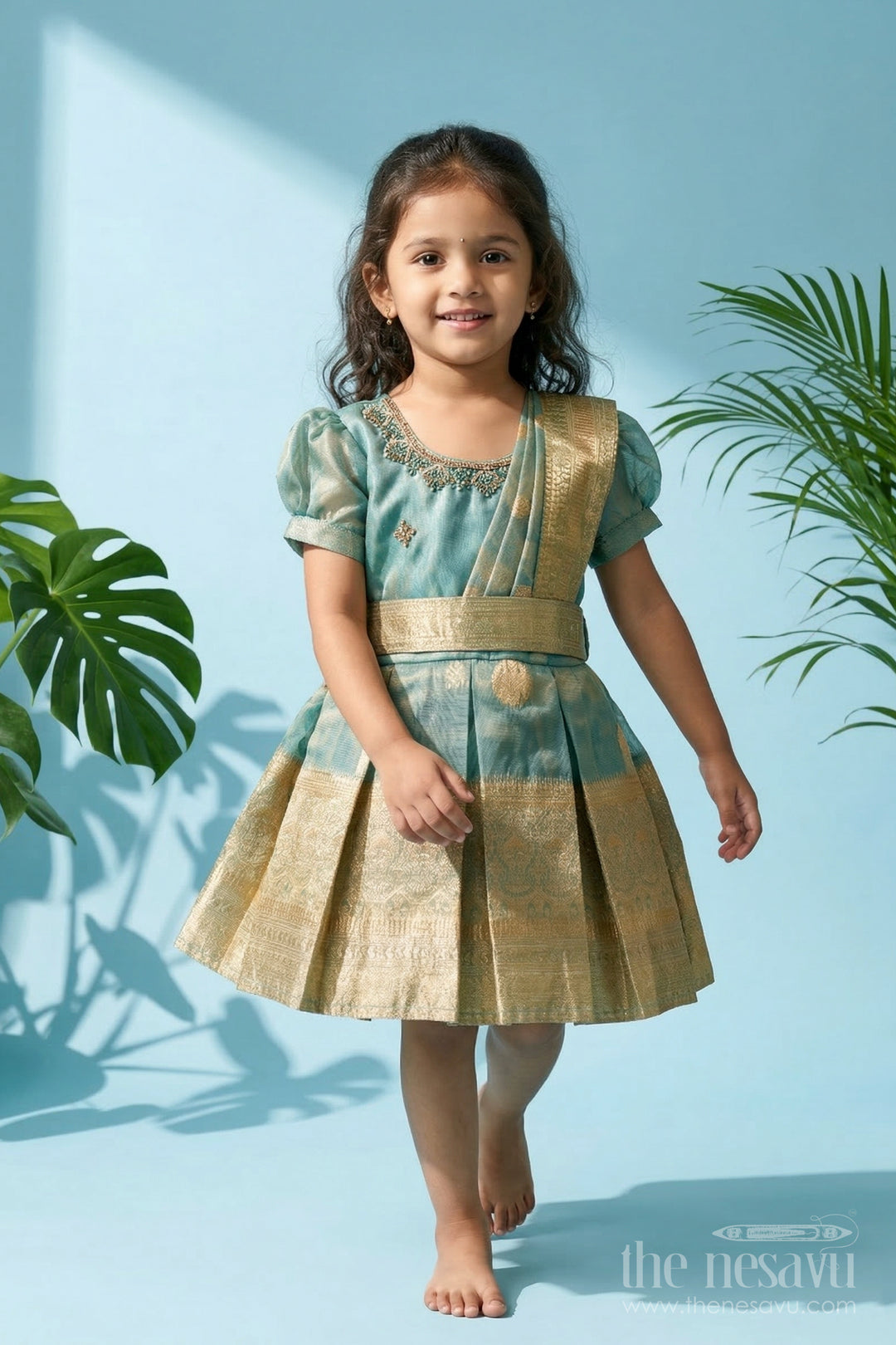 The Nesavu Silk Frock Girls Silk Frock for Festive Celebrations and Weddings Nesavu 16 (1Y) / Green / Silk Blend SF1088D-16 Nesavu girls blend silk frock with tissue skirt for weddings and festivals