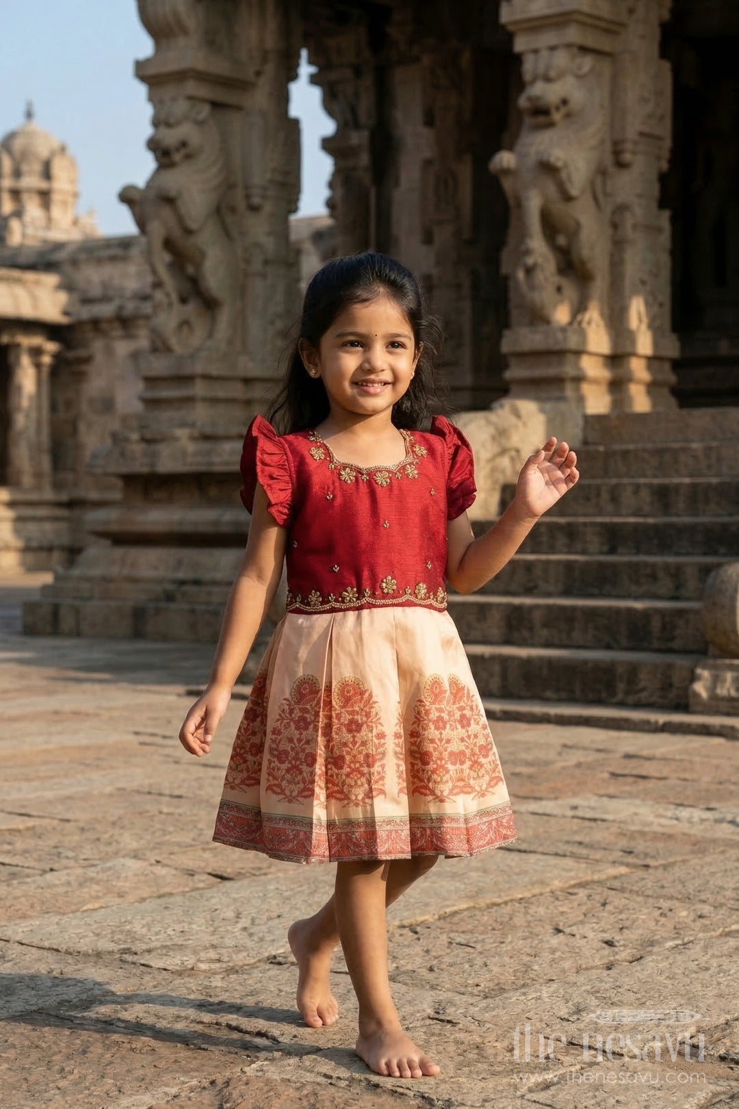 The Nesavu Silk Frock Girls Silk Frock for Festive Occasions and Family Gatherings Nesavu 16 (1Y) / Maroon / Silk Blend SF1134A-16 Nesavu girls blend silk frock with digital printed skirt for festive wear