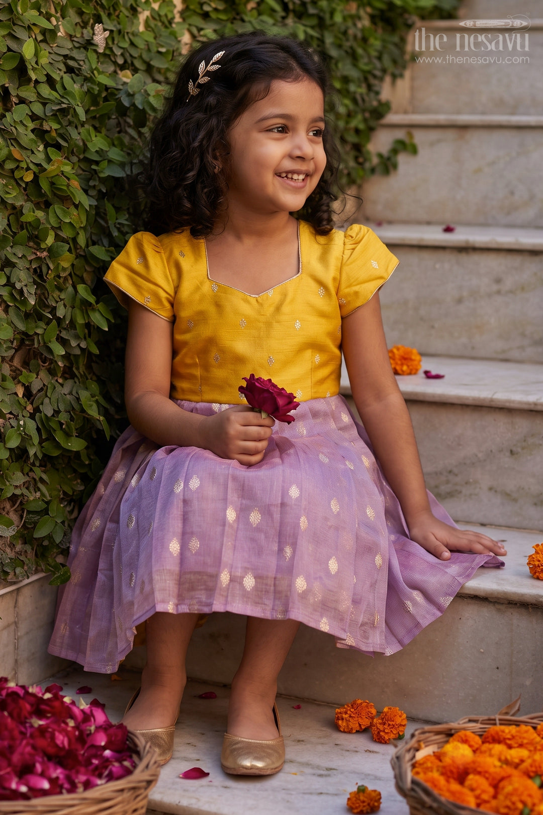 The Nesavu Silk Frock Girls Silk Frock for Festive Pooja and Celebration Wear Nesavu 18 (2Y) / Purple / Semi Banarasi SF1208A-18 Nesavu Girls Silk Frock For Festive Pooja And Celebration Wear With Raw Silk Yoke