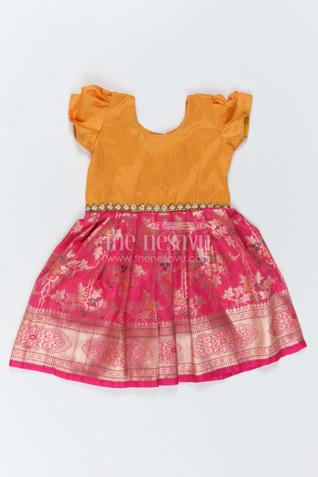The Nesavu Silk Frock Girls Silk Frock for Festive Weddings and Birthday Parties Nesavu 20 (3Y) / Orange / Semi Banarasi SF1169A-20 Nesavu Girls Silk Frock With Banarasi Skirt For Weddings And Festive Birthday Celebrations