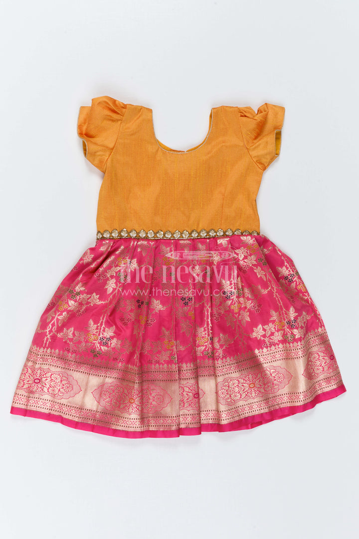 The Nesavu Silk Frock Girls Silk Frock for Festive Weddings and Birthday Parties Nesavu 20 (3Y) / Orange / Semi Banarasi SF1169A-20 Nesavu Girls Silk Frock With Banarasi Skirt For Weddings And Festive Birthday Celebrations