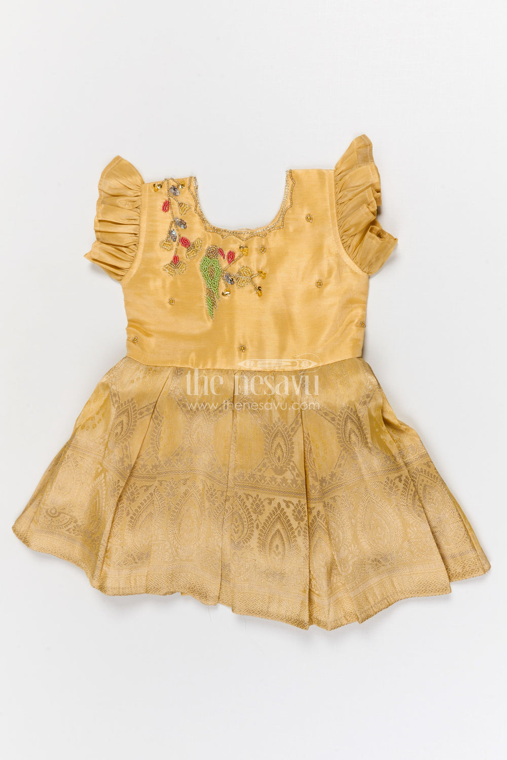 The Nesavu Silk Frock Girls Silk Frock for Festive Weddings and Special Occasions Nesavu 16 (1Y) / Yellow / Silk Blend SF1040E-16 Nesavu girls blend silk frock with tissue skirt for weddings and festive occasions