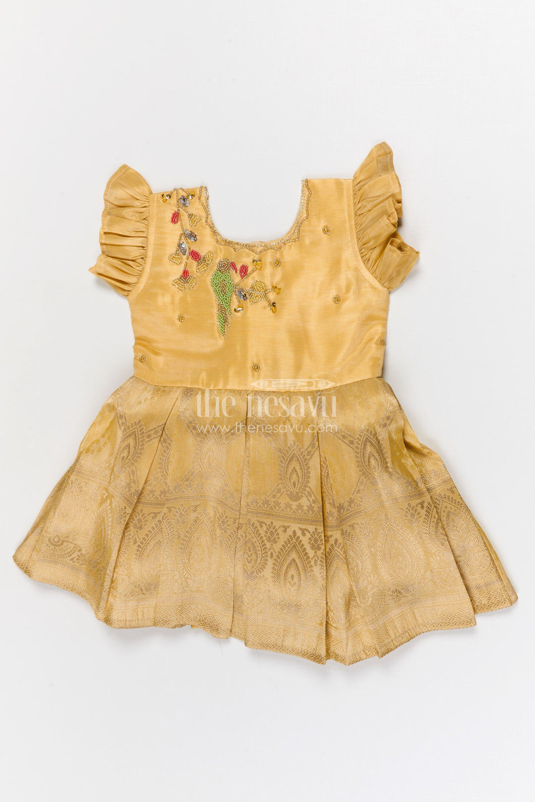 The Nesavu Silk Frock Girls Silk Frock for Festive Weddings and Special Occasions Nesavu 16 (1Y) / Yellow / Silk Blend SF1040E-16 Nesavu girls blend silk frock with tissue skirt for weddings and festive occasions