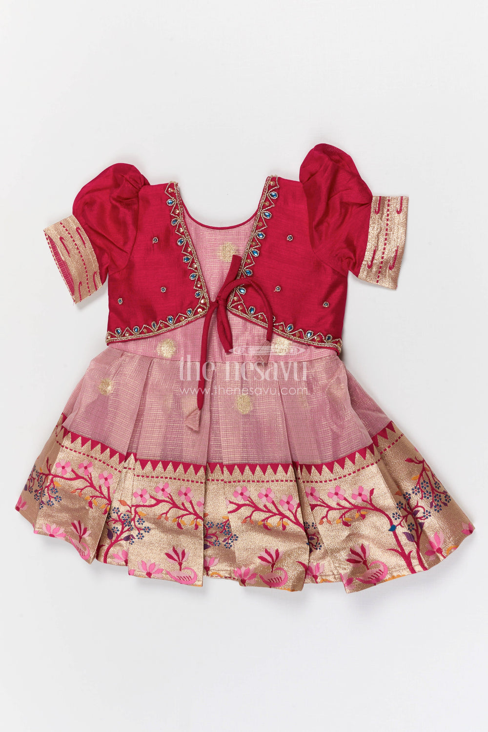 The Nesavu Silk Frock Girls Silk Frock for Festive Weddings and Traditional Functions Nesavu 16 (1Y) / Pink / Silk Blend SF1135A-16 Nesavu girls blend silk frock with tissue skirt for weddings and festive occasions