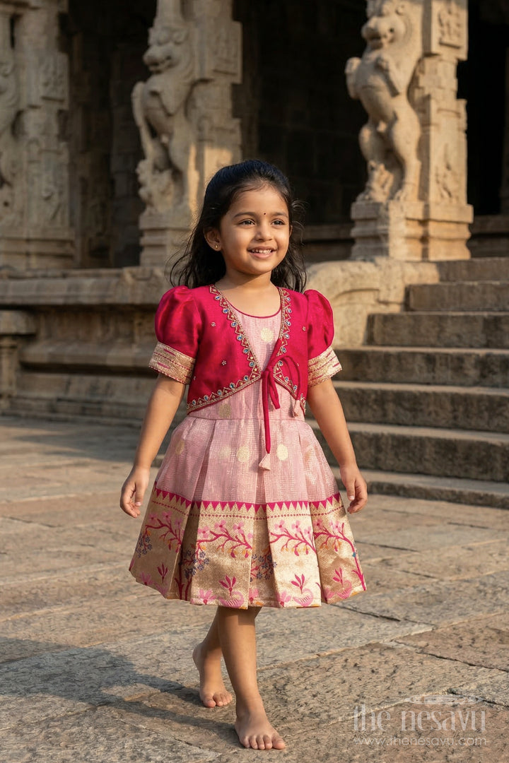 The Nesavu Silk Frock Girls Silk Frock for Festive Weddings and Traditional Functions Nesavu 16 (1Y) / Pink / Silk Blend SF1135A-16 Nesavu girls blend silk frock with tissue skirt for weddings and festive occasions