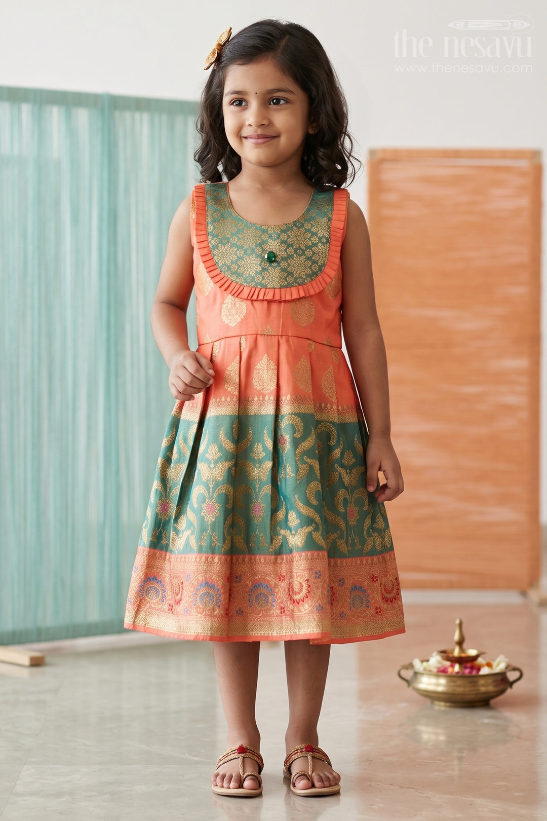 The Nesavu Girls Kanchi Silk Frock Girls Silk Frock for Navaratri Celebrations and Traditional Events Nesavu 22 (4Y) / Orange / Style 1 KSF042AA-22 Nesavu Girls Semi Kanchivaram Silk Frock With Grand Border For Festive And Cultural Occasions KSF042AA-22