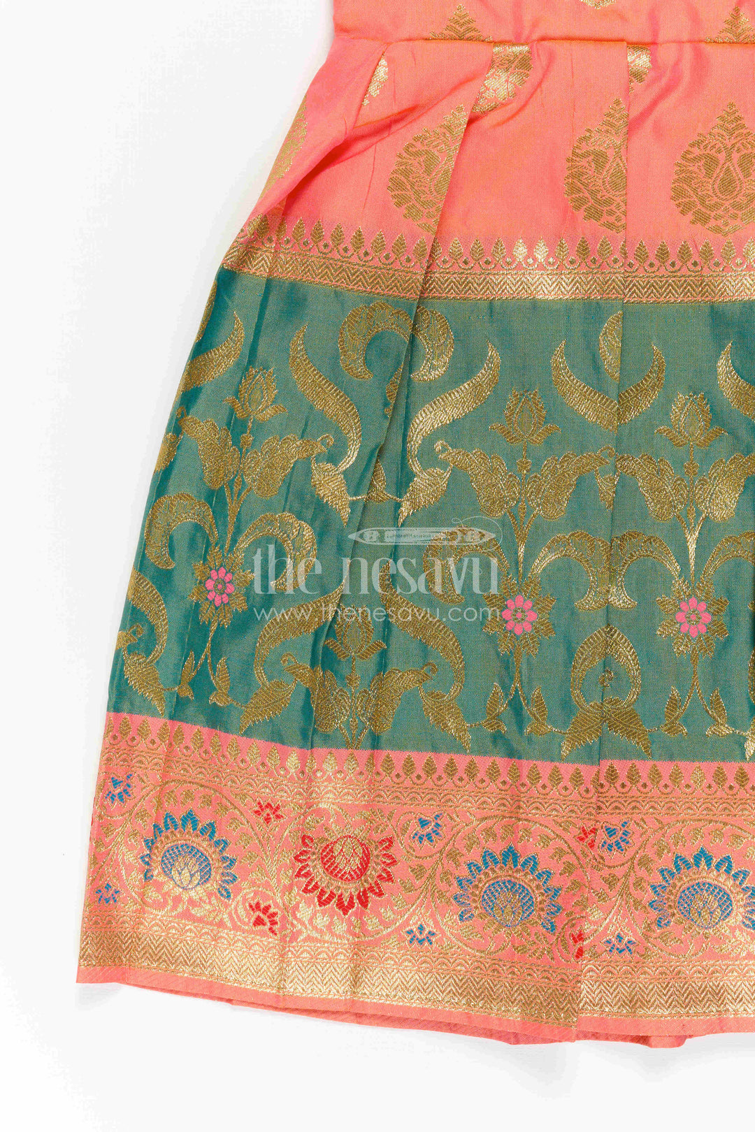 The Nesavu Girls Kanchi Silk Frock Girls Silk Frock for Navaratri Celebrations and Traditional Events Nesavu Nesavu Girls Semi Kanchivaram Silk Frock With Grand Border For Festive And Cultural Occasions