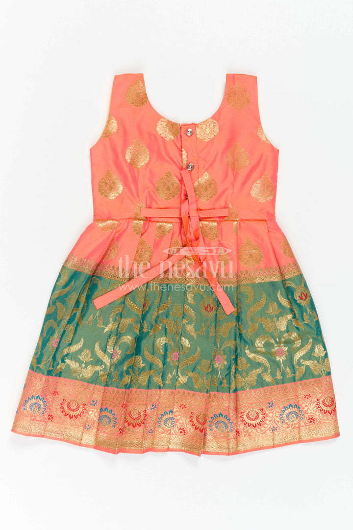 The Nesavu Girls Kanchi Silk Frock Girls Silk Frock for Navaratri Celebrations and Traditional Events Nesavu Nesavu Girls Semi Kanchivaram Silk Frock With Grand Border For Festive And Cultural Occasions