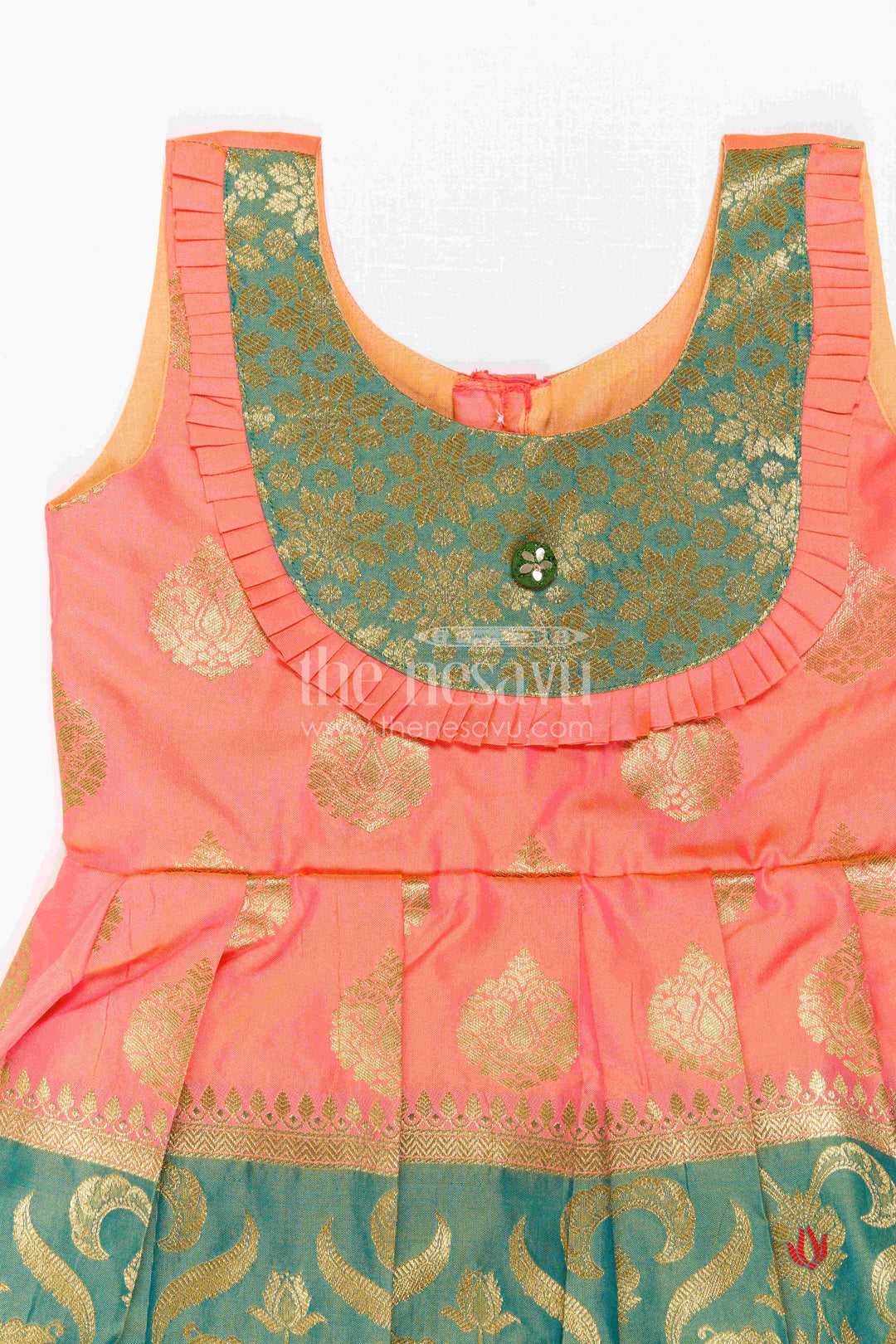 The Nesavu Girls Kanchi Silk Frock Girls Silk Frock for Navaratri Celebrations and Traditional Events Nesavu Nesavu Girls Semi Kanchivaram Silk Frock With Grand Border For Festive And Cultural Occasions