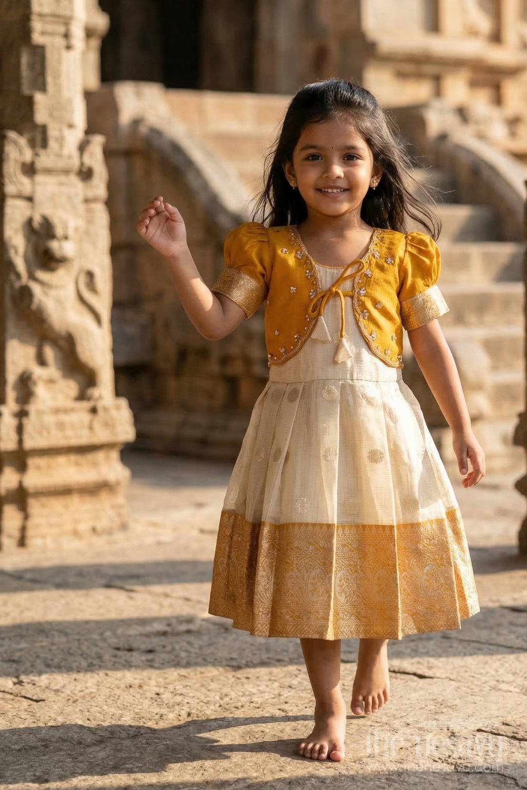 The Nesavu Silk Frock Girls Silk Frock for Traditional Celebrations and Family Functions Nesavu 16 (1Y) / Yellow / Silk Blend SF1133A-16 Nesavu girls blend silk frock with tissue skirt for festive weddings