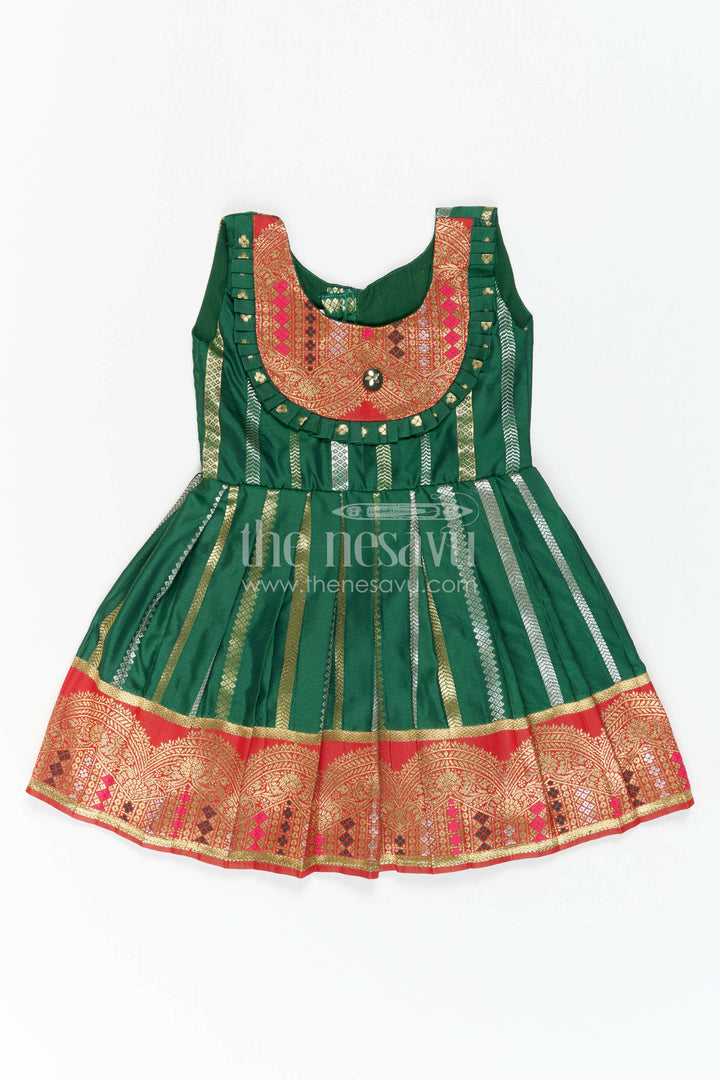 The Nesavu Girls Kanchi Silk Frock Girls Silk Frock for Wedding Receptions and Festive Occasions Nesavu 16 (1Y) / Green / Style 3 KSF046BC-16 Nesavu Girls Semi Kanchivaram Silk Frock With Grand Border For Weddings And Festive Celebrations