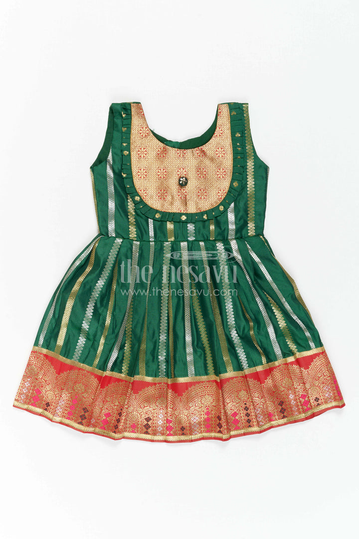 The Nesavu Girls Kanchi Silk Frock Girls Silk Frock for Wedding Receptions and Festive Occasions Nesavu 18 (2Y) / Green / Style 2 KSF046BB-18 Nesavu Girls Semi Kanchivaram Silk Frock With Grand Border For Weddings And Festive Celebrations