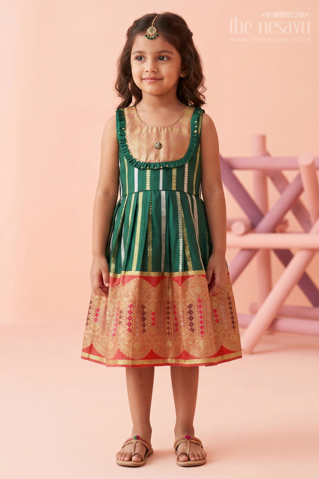 The Nesavu Girls Kanchi Silk Frock Girls Silk Frock for Wedding Receptions and Festive Occasions Nesavu 20 (3Y) / Green / Style 1 KSF046BA-20 Nesavu Girls Semi Kanchivaram Silk Frock With Grand Border For Weddings And Festive Celebrations KSF046BA-20