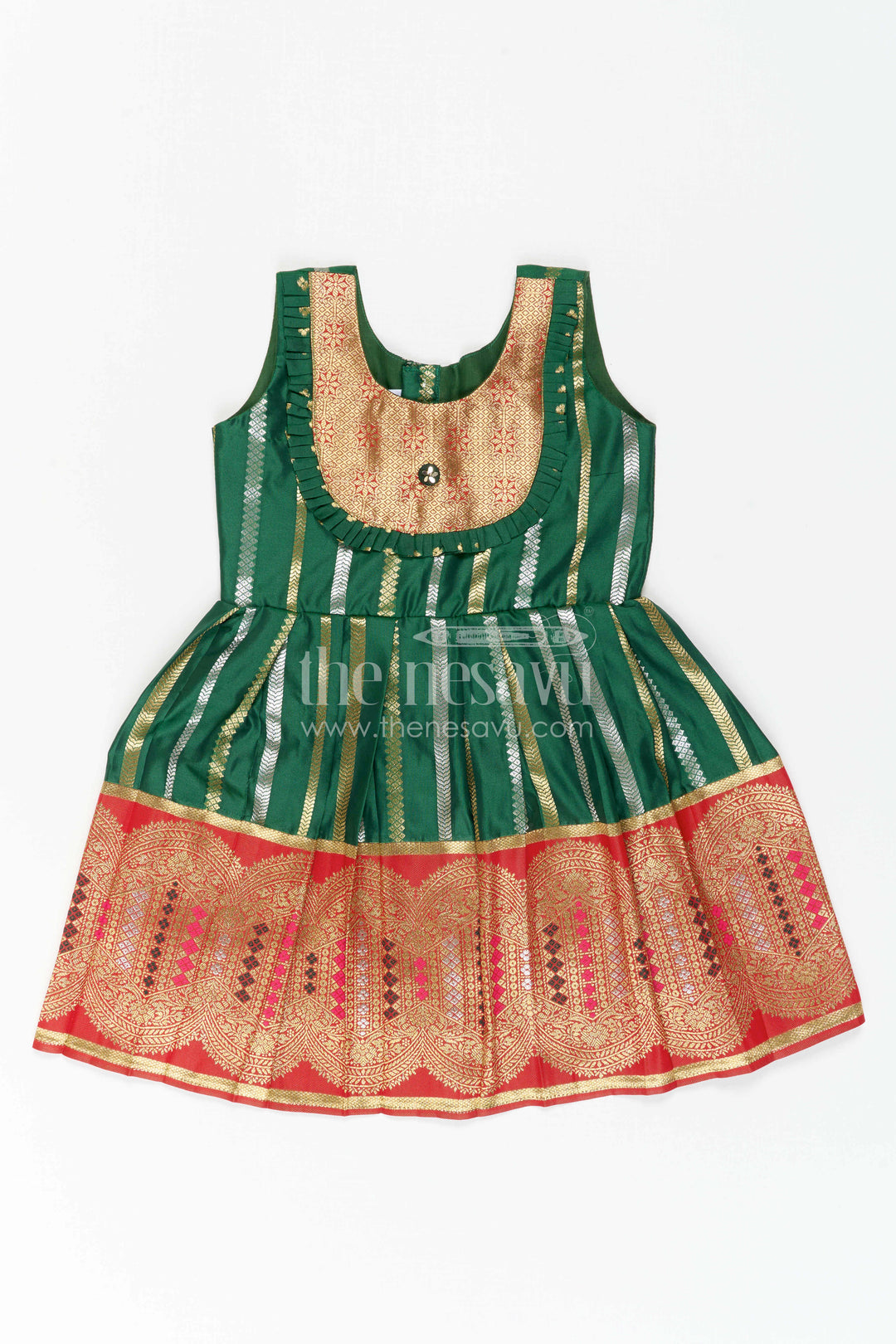 The Nesavu Girls Kanchi Silk Frock Girls Silk Frock for Wedding Receptions and Festive Occasions Nesavu 20 (3Y) / Green / Style 1 KSF046BA-20 Nesavu Girls Semi Kanchivaram Silk Frock With Grand Border For Weddings And Festive Celebrations
