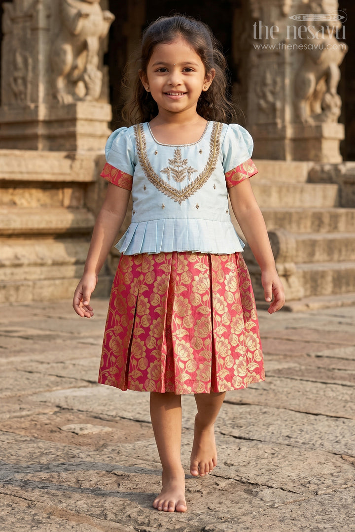 The Nesavu Silk Frock Girls Silk Frock in Light Blue with Banarasi Red Pleated Skirt Featuring Traditional Frock Design in Silk Nesavu 16 (1Y) / Red SF782B-16 Nesavu Girls Raw Silk Banarasi Frock Blue Red Embroidery frock design silk