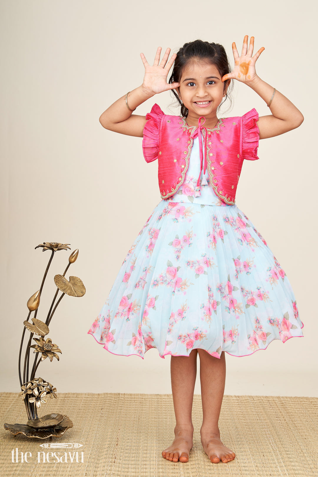 The Nesavu Silk Frock Girls Silk Frock with Floral Print and Festive Jacket for Weddings and Functions Nesavu 16 (1Y) / Blue SF1038A-16 Nesavu Girls Silk Frock With Floral Print And Magenta Jacket Festive Ethnic Wear For Toddlers