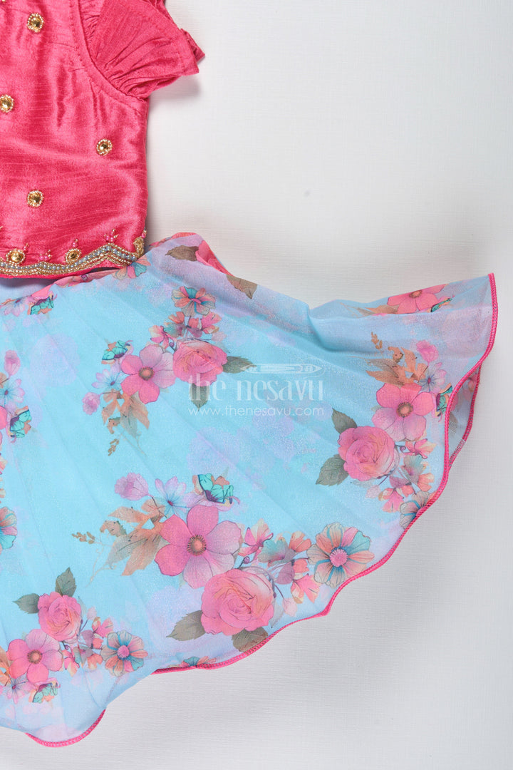 The Nesavu Silk Frock Girls Silk Frock with Floral Print and Festive Jacket for Weddings and Functions Nesavu Nesavu Girls Silk Frock With Floral Print And Magenta Jacket Festive Ethnic Wear For Toddlers