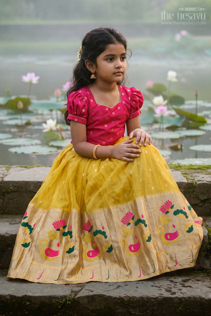 The Nesavu Girls Silk Gown Girls Silk Gown for Birthday Parties and Magical Celebration Moments Nesavu 22 (4Y) / Pink / Semi Banarasi GA411A-22 Nesavu Girls Semi Banaras Silk Gown With Butti Yoke For Birthdays And Festive Celebrations