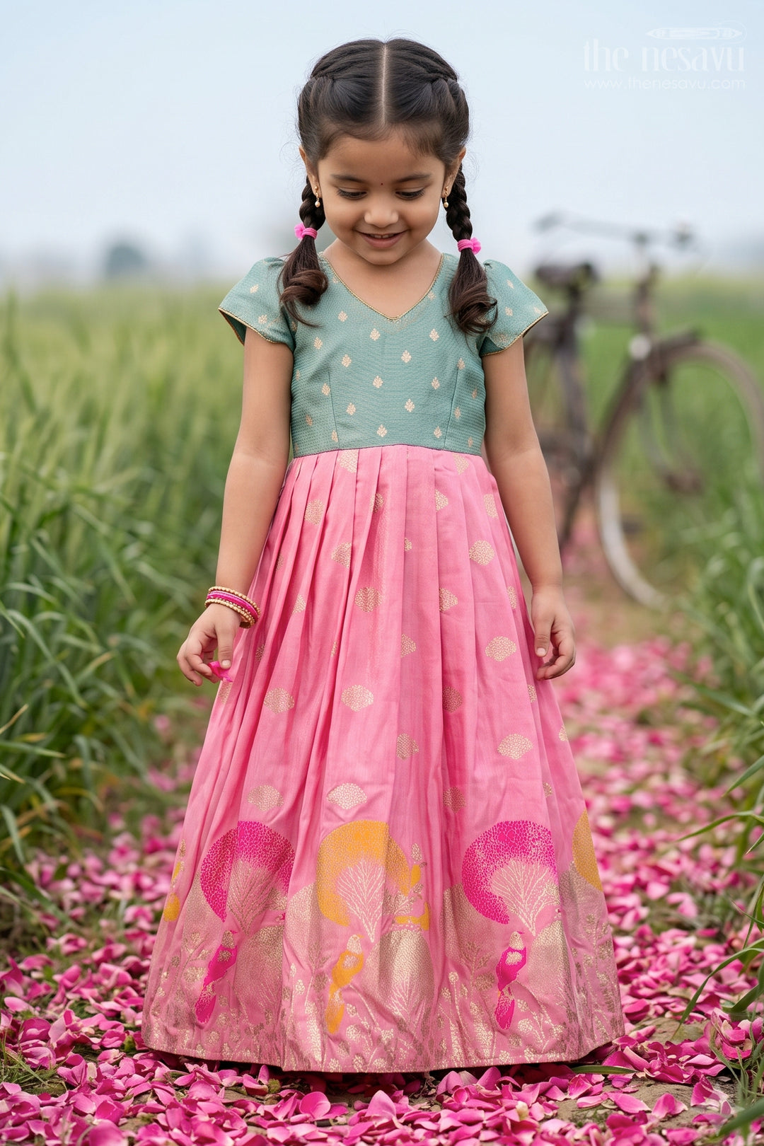The Nesavu Girls Silk Gown Girls Silk Gown for Birthdays and Grand Celebration Moments Nesavu 22 (4Y) / Pink / Semi Banarasi GA408A-22 Nesavu Girls Semi Banaras Silk Gown With Tissue Yoke For Birthdays And Festive Celebrations GA408A-22