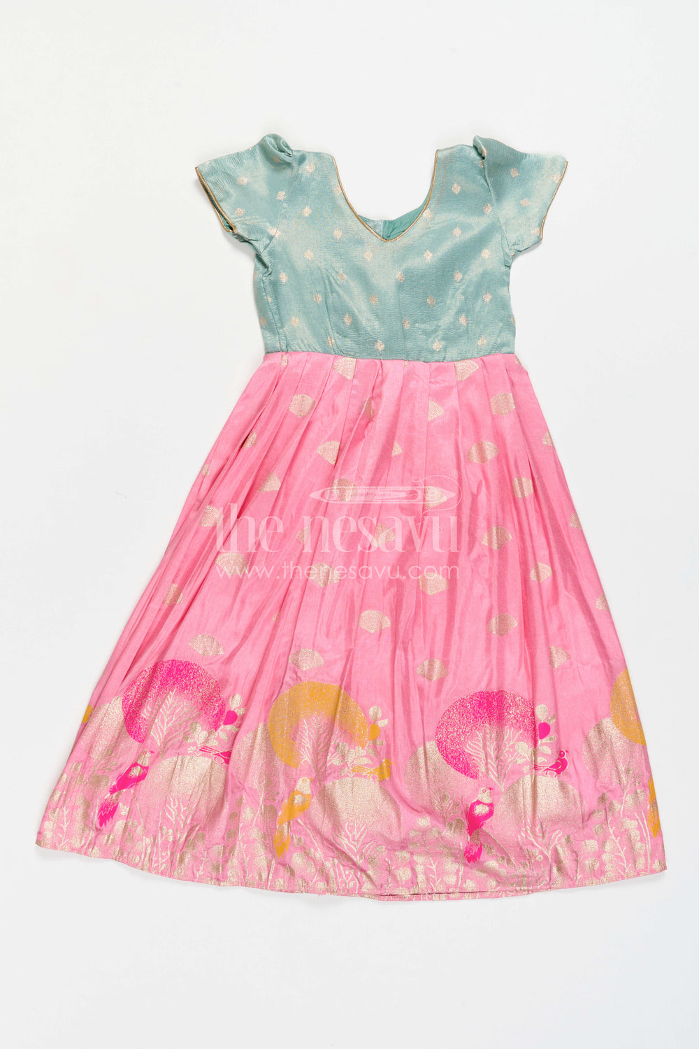 The Nesavu Girls Silk Gown Girls Silk Gown for Birthdays and Grand Celebration Moments Nesavu Nesavu Girls Semi Banaras Silk Gown With Tissue Yoke For Birthdays And Festive Celebrations
