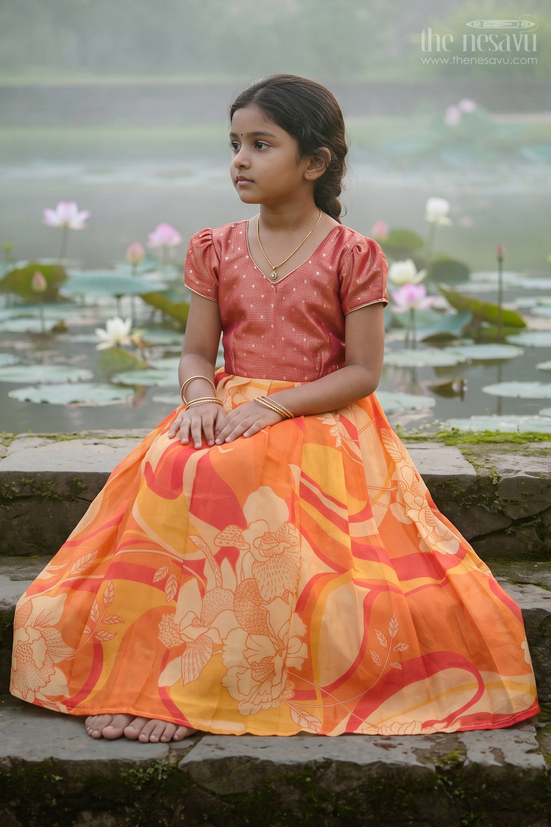 The Nesavu Girls Silk Gown Girls Silk Gown for Festive Birthdays and Family Celebrations Nesavu 22 (4Y) / Orange / Semi Banarasi GA409A-22 Nesavu Girls Semi Banaras Silk Gown With Tissue Yoke For Birthdays And Festive Occasions