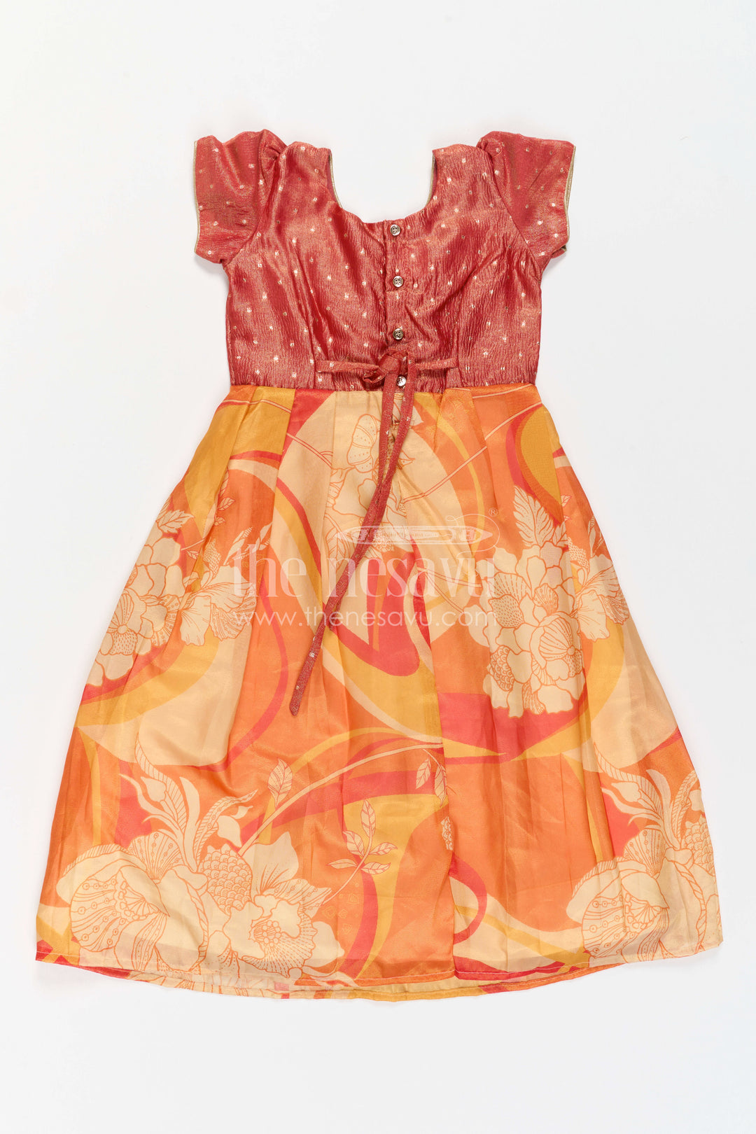 The Nesavu Girls Silk Gown Girls Silk Gown for Festive Birthdays and Family Celebrations Nesavu Nesavu Girls Semi Banaras Silk Gown With Tissue Yoke For Birthdays And Festive Occasions