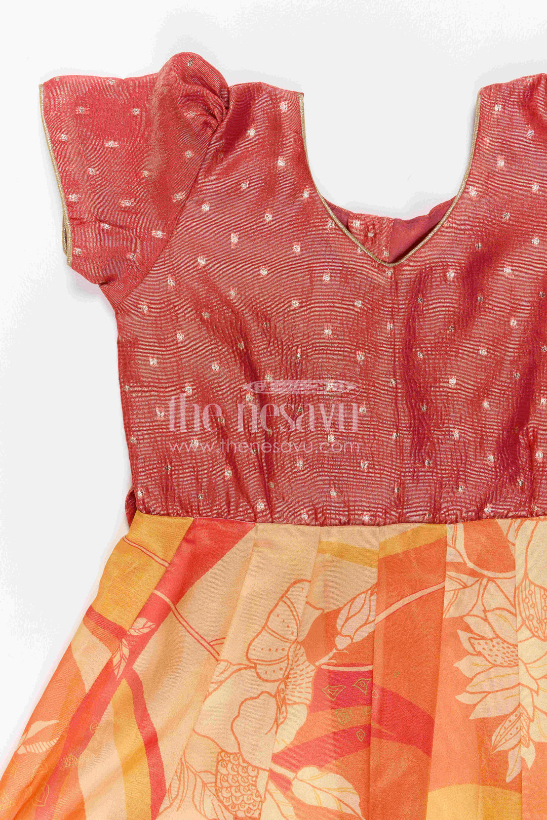 The Nesavu Girls Silk Gown Girls Silk Gown for Festive Birthdays and Family Celebrations Nesavu Nesavu Girls Semi Banaras Silk Gown With Tissue Yoke For Birthdays And Festive Occasions