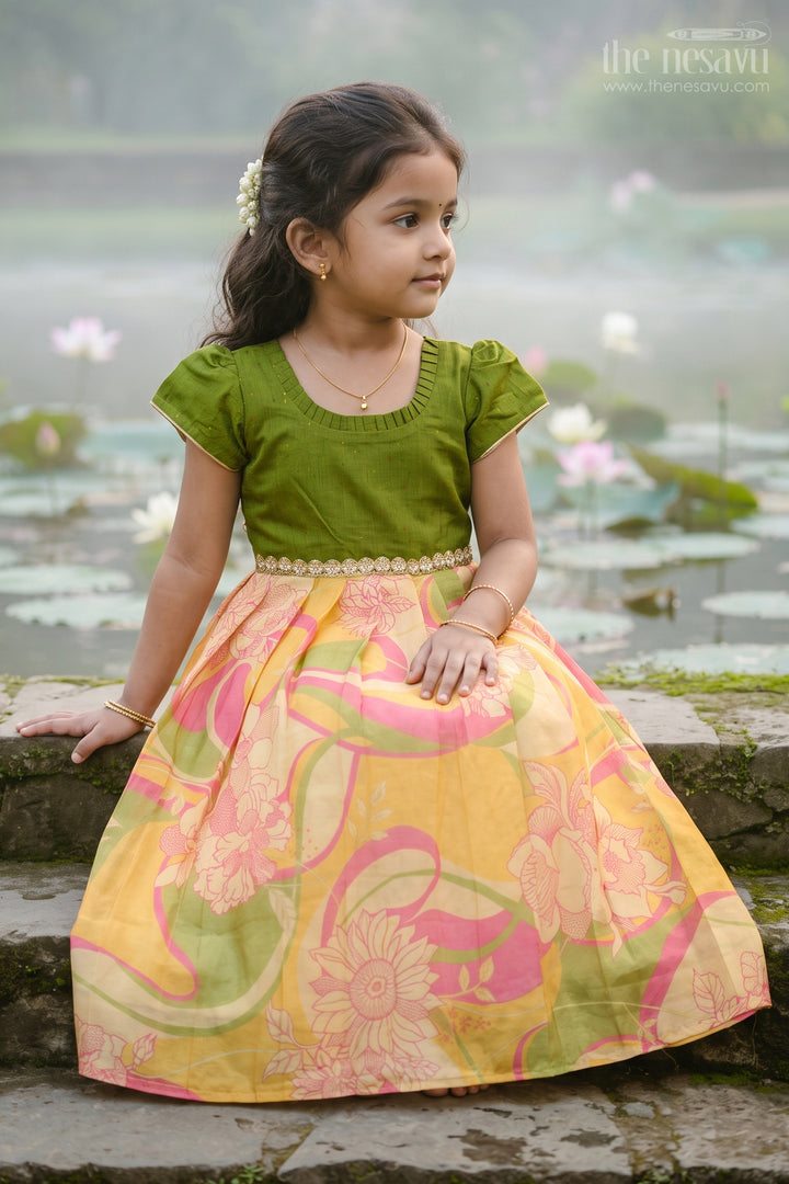 The Nesavu Girls Silk Gown Girls Silk Gown for Festive Birthdays and Family Photo Celebrations Nesavu 22 (4Y) / Green / Semi Banarasi GA420A-22 Nesavu Girls Semi Banaras Silk Gown With Digital Print For Birthdays And Festive Occasions