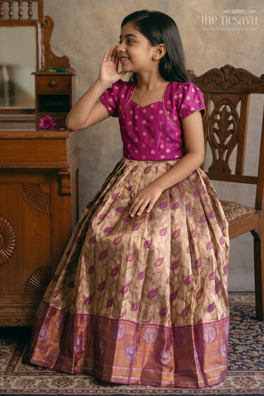 The Nesavu Girls Silk Gown Girls Silk Gown for Festive Family Portraits Nesavu 18 (2Y) / Grey / Semi Banarasi Nesavu Girls Silk Gown For Festive Family Portraits With Semi Banaras Fabric And Big Border