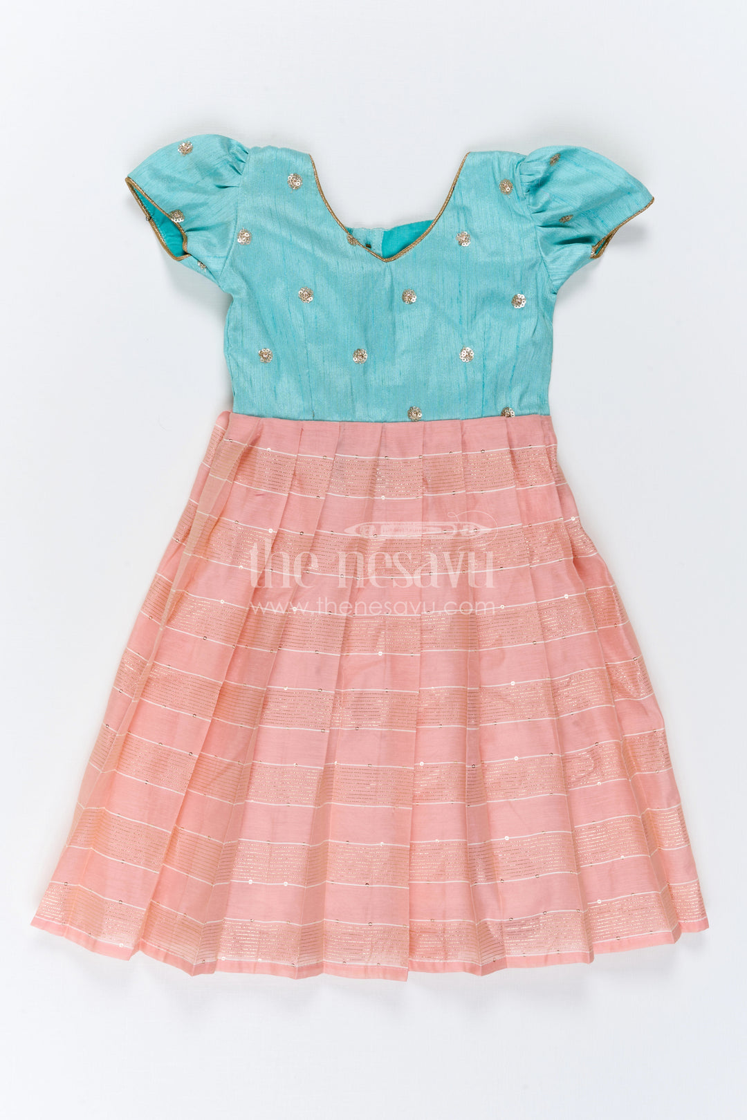 The Nesavu Girls Silk Gown Girls Silk Gown for Receptions and Festive Celebrations Nesavu Nesavu Girls Silk Gown With Jacquard Weave And Raw Silk Yoke For Festive Celebrations
