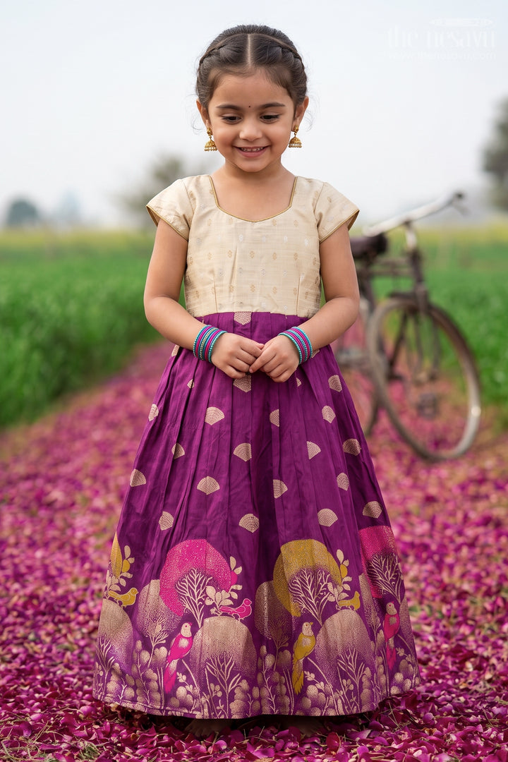 The Nesavu Girls Silk Gown Girls Silk Gown for Wedding Receptions and Cultural Celebrations Nesavu 22 (4Y) / White / Semi Banarasi GA413A-22 Nesavu Girls Semi Banaras Silk Gown With Raw Silk Yoke For Weddings And Festive Occasions