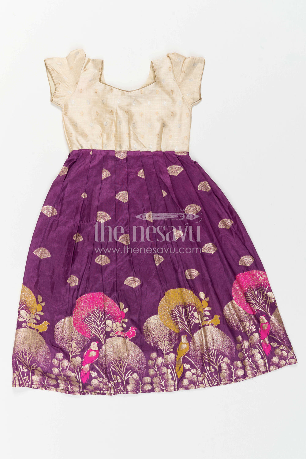 The Nesavu Girls Silk Gown Girls Silk Gown for Wedding Receptions and Cultural Celebrations Nesavu Nesavu Girls Semi Banaras Silk Gown With Raw Silk Yoke For Weddings And Festive Occasions