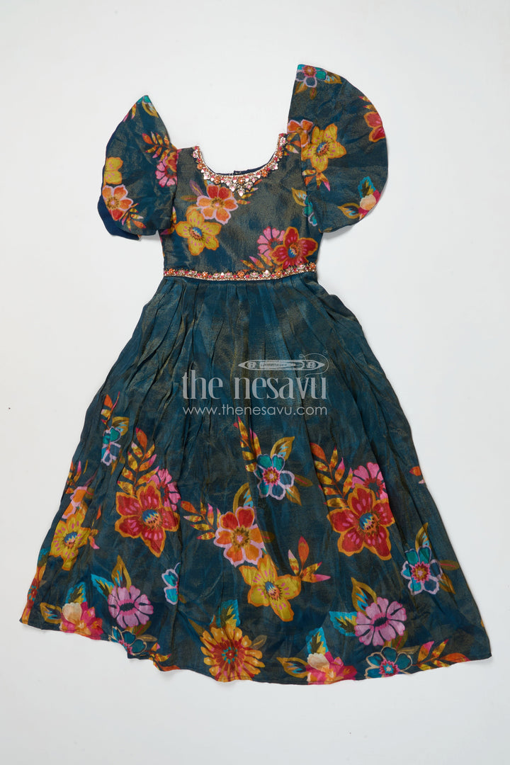 The Nesavu Girls Silk Gown Girls Silk Gown for Weddings and Festive Family Events Nesavu 24 (5Y) / Green GA332A-24 Nesavu girls silk gown in digital printed viscose silk for weddings and traditional occasions