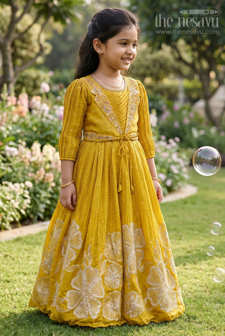 The Nesavu Girls Silk Gown Girls Silk Gown for Weddings and Festive Occasions Nesavu 24 (5Y) / Yellow GA364A-24 Nesavu festive silk gown girls embroidered yoke floral thread detailing