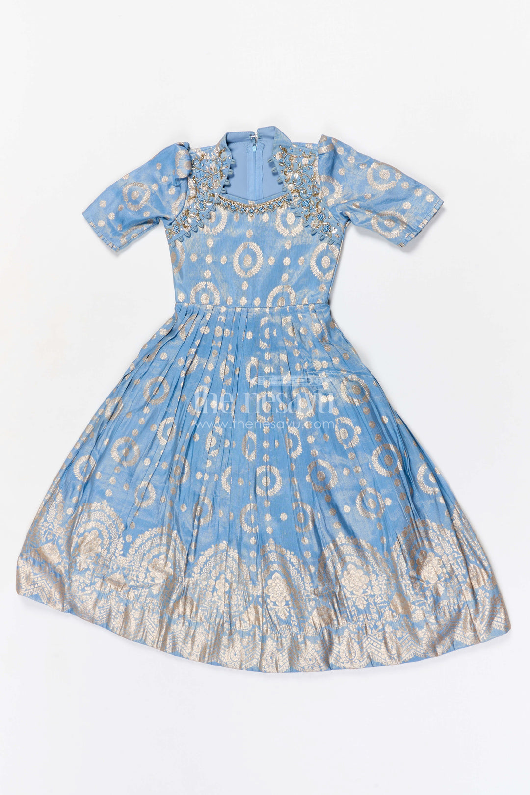 The Nesavu Girls Silk Gown Girls Silk Gown for Weddings and Grand Festive Occasions Nesavu 24 (5Y) / Blue / Viscose Silk GA388A-24 Nesavu girls viscose silk gown for weddings with traditional zari border