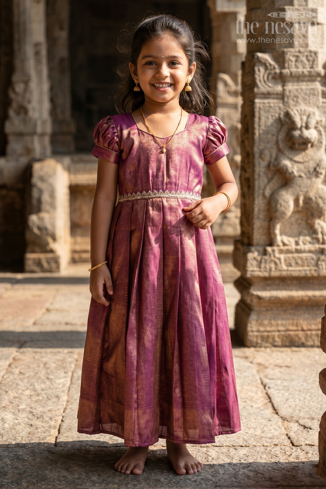 The Nesavu Girls Silk Gown Girls Silk Gown for Weddings and Traditional Occasions Nesavu 18 (2Y) / Pink GA375A-18 Nesavu girls silk gown tissue fabric weddings receptions festive celebrations