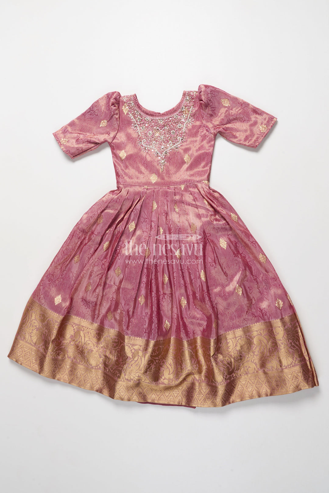 The Nesavu Girls Silk Gown Girls Silk Gown with Zari Border for Weddings and Festive Functions Nesavu Nesavu girls silk gown zari border embroidered yoke weddings cultural celebrations