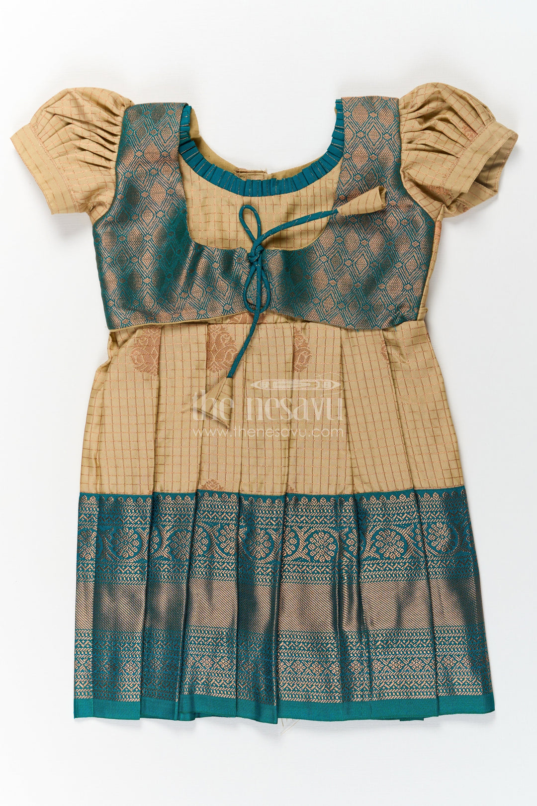 The Nesavu Girls Kanchi Silk Frock Girls Silk Green Dress in Semi Kanchivaram with Puff Sleeves and Brocade Yoke for Traditional Charm Nesavu 14 (6M) / Green / Style 1 SF841AA-14 Nesavu Girls Silk Green Dress in Semi Kanchivaram with Brocade Yoke and Elegant Puff Sleeve Design