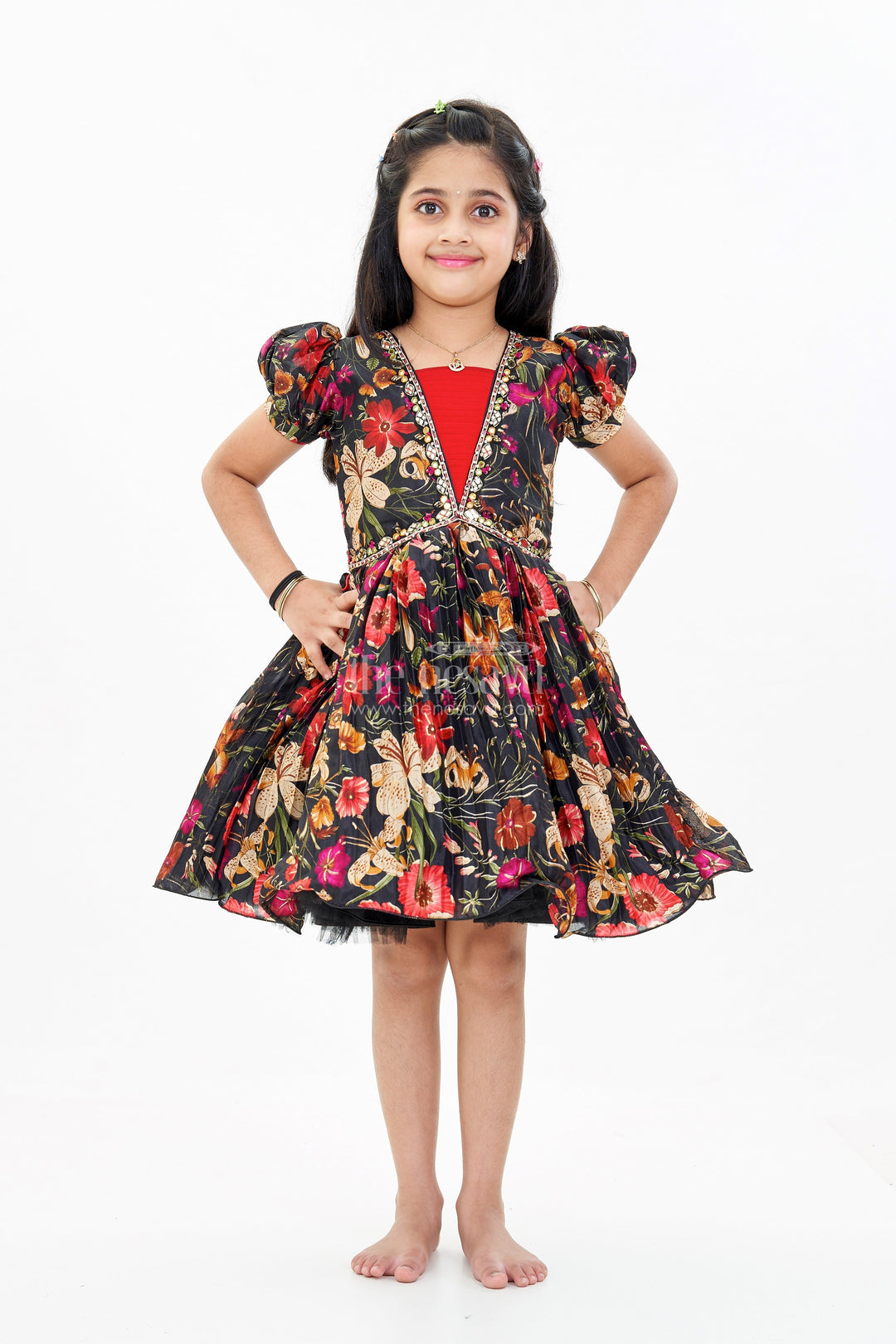 The Nesavu Silk Party Frock Girls Silk Kapde Ki Frock with Floral Chinon Digital Print and Embellished Neckline for Festive Wear Nesavu 18 (2Y) / Red SF970A-18 Nesavu Girls Silk Kapde Ki Frock Floral Digital Print Embellished Neckline
