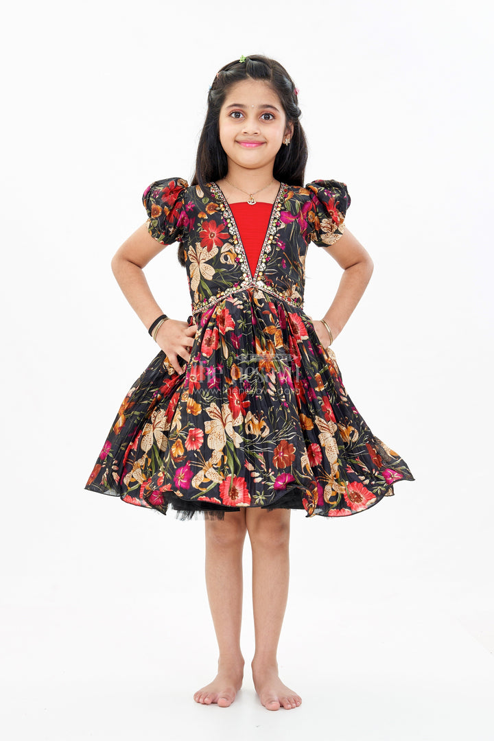The Nesavu Silk Party Frock Girls Silk Kapde Ki Frock with Floral Chinon Digital Print and Embellished Neckline for Festive Wear Nesavu 18 (2Y) / Red SF970A-18 Nesavu Girls Silk Kapde Ki Frock Floral Digital Print Embellished Neckline