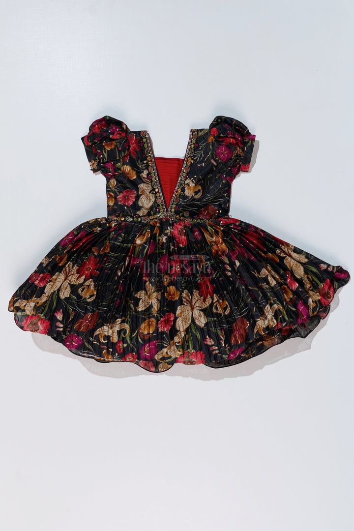 The Nesavu Silk Party Frock Girls Silk Kapde Ki Frock with Floral Chinon Digital Print and Embellished Neckline for Festive Wear Nesavu Nesavu Girls Silk Kapde Ki Frock Floral Digital Print Embellished Neckline