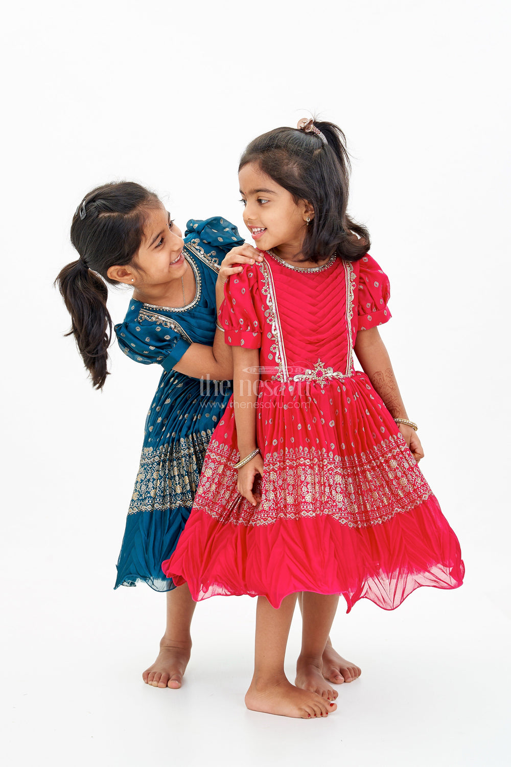 The Nesavu Silk Party Frock Girls Silk Ke Frock with Gold Embroidered Borders and Puff Sleeves for a Regal Look Nesavu 18 (2Y) / Blue SF971A-18 Nesavu Girls Silk Ke Frock Gold Embroidered Borders Puff Sleeves